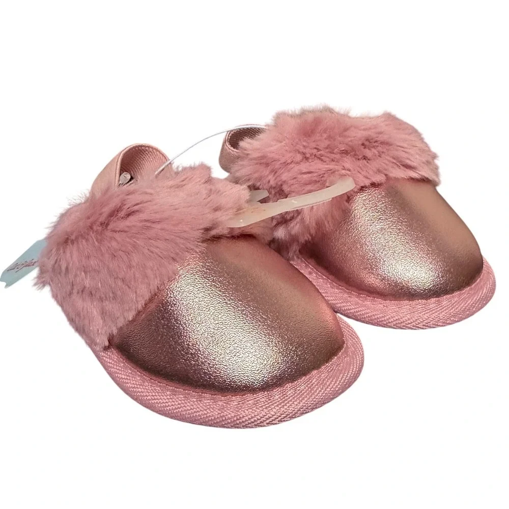 Cat & Jack Slippers Kids S 5/6 Pink Rose Gold Faux Fur Lila Metallic Shimmer New